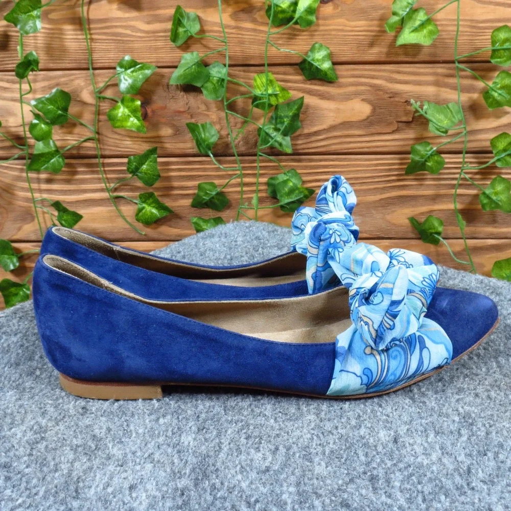 Italian Made Blue Suede‎ Ballet Flats Bow Detail Women EU 38 Pointed Toe
